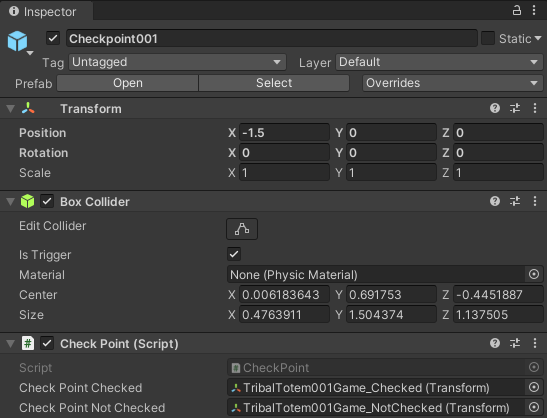 Checkpoint prefab inspector